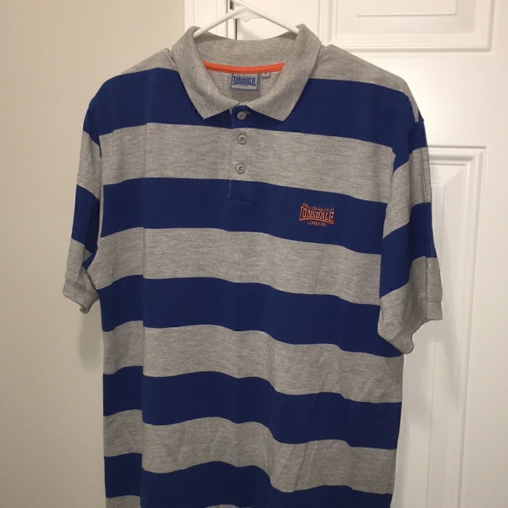 Vintage Lonsdale London Lion Lions Blue Gray Stripe Golf polo tennis shirt M